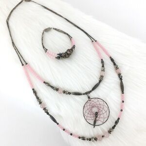 Rose Quarts Native Dream Catcher Beaded Necklace Double Strand Matching Bracelet
